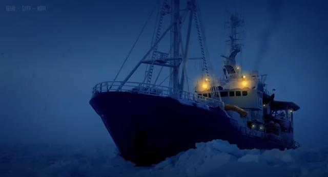 An icebreaker idling as the sun sets.  The sky is the same color as the ice field, and a pile of shattered snow and ice rests against the bow.  Two lights and a thin trail of smoke suggest a note of warmth among the abiding chill.