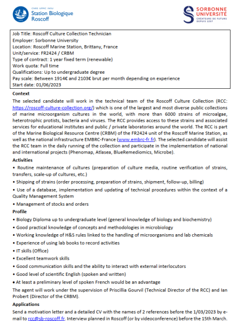 Job offer at the Roscoff CUlture Collection
