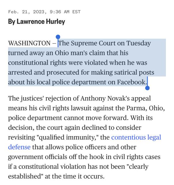 "The Supreme Court on Tuesday turned away an Ohio man's claim that his constitutional rights were violated when he was arrested and prosecuted for making satirical posts about his local police department on Facebook."