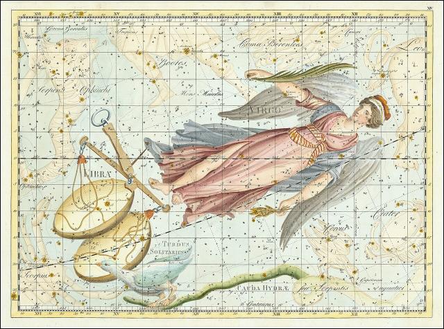Constellations of Virgo and Libra from Johann Elert Bode's "Uranographia."

Johann Elert Bode, Public domain, via Wikimedia Commons.