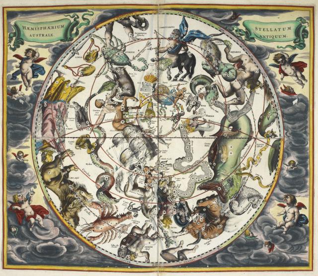 The constellations (southern hemisphere), with astrological signs of the zodiac. "Atlas Coelestis" (1660) by Andreas Cellarius.