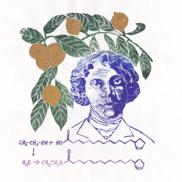 Linocut portrait of pharmaceutical chemist Alice Ball, a young Black woman in a lab coat, printed in indigo. Below her is the chemical reaction for Ball’s Process in violet. Above and around her is a branch of chalmoogra with green leaves and yellow fruit.