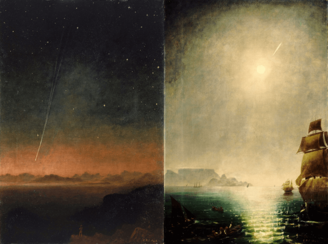 The Great Comet of 1843, painted by the astronomer Charles Piazzi Smyth. I have joined two separate works by Smyth, the daytime and nighttime views, into a single image.