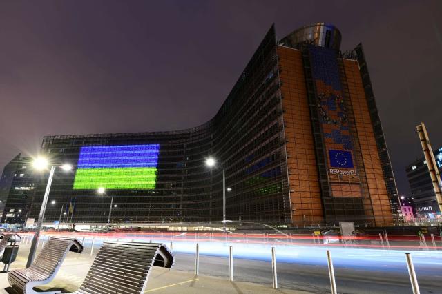 The Berlaymont at night, illuminated with the colours of the Ukrainian flag