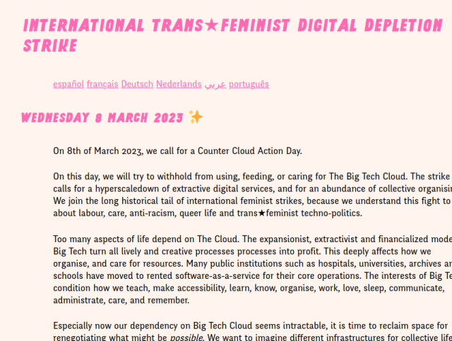 a screenshot of one the websites publishing the International trans★feminist digital depletion strike next Wednesday, March 8, 2023 