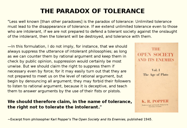 Meme titled The Paradox of Tolerance with text on the left and an image of the book "The Open Society and its Enemies" on the right.

The text reads:
Less well known [than other paradoxes] is the paradox of tolerance: Unlimited tolerance must lead to the disappearance of tolerance. If we extend unlimited tolerance even to those who are intolerant, if we are not prepared to defend a tolerant society against the onslaught of the intolerant, then the tolerant will be destroyed, and tolerance with them.

—In this formulation, I do not imply, for instance, that we should always suppress the utterance of intolerant philosophies; as long as we can counter them by rational argument and keep them in check by public opinion, suppression would certainly be most unwise. But we should claim the right to suppress them if necessary even by force; for it may easily turn out that they are not prepared to meet us on the level of rational argument, but begin by denouncing all argument; they may forbid their followers to listen to rational argument, because it is deceptive, and teach them to answer arguments by the use of their fists or pistols. 

We should therefore claim, in the name of tolerance, the right not to tolerate the intolerant.

~Excerpt from philosopher Karl Popper's The Open Society and Its Enemies, published 1945