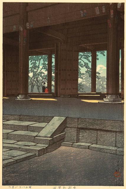 Ukiyo-e print depicts the interior of a temple. Two figures stand against one of two large windows looking out to forest and blue sky beyond.