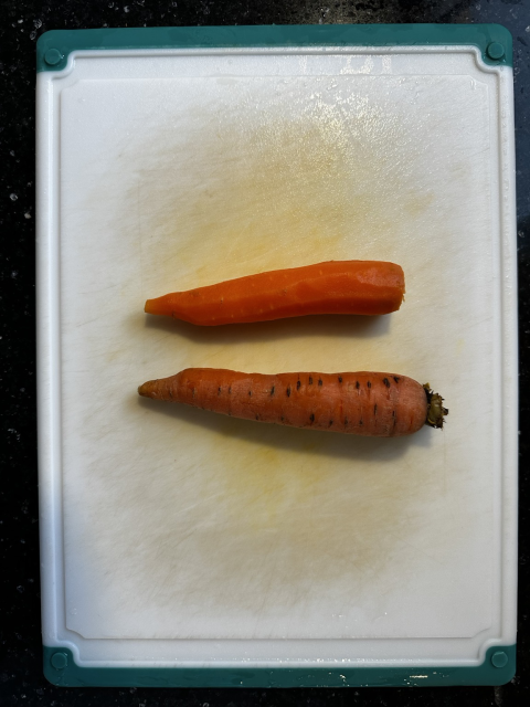 Two Boiled carrots, one peeled, one not peeled
