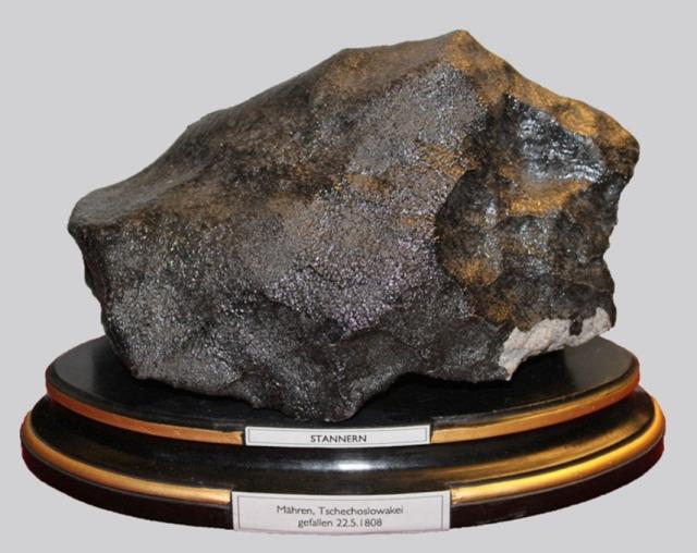 A piece of the Stannern (Stonařov) Meteorite; a number of meteorites were witnessed to fall on May 22, 1808 into the Moravian village of Stonařov, Czech Republic.

Přírodovědné muzeum ve Vídni, CC BY-SA 4.0, via Wikimedia Commons.