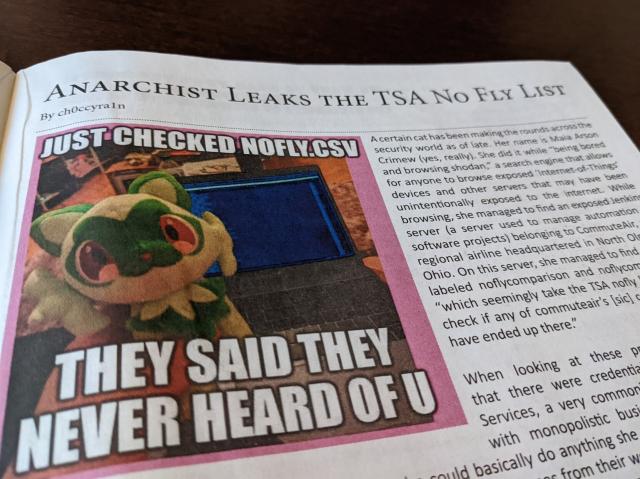Top of article "Anarchist Leaks the TSA No Fly List" in print