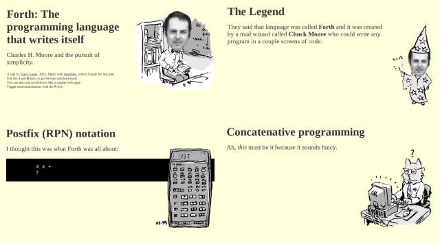 Four slides from my talk, each featuring drawings: Chuck Moore sitting in a chair. Chuck Moore as a wizard turning the integer 4 into 12. An HP-35 calculator. A confused cat using a 1990s era computer with CRT. The mouse looks like a mouse.