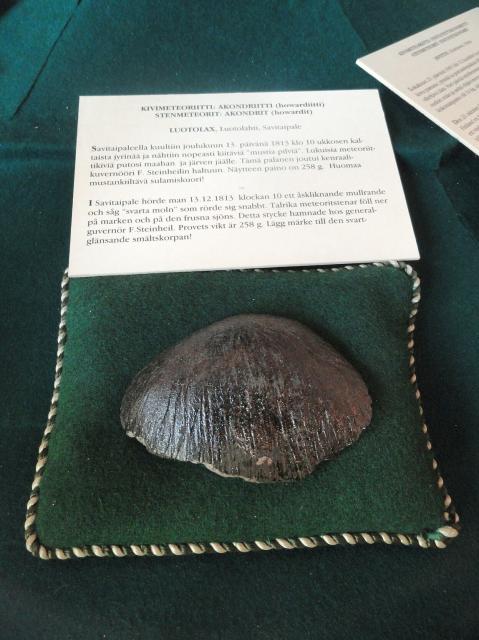 A fragment of the Luotolax Meteorite that fell near Luotolahti in Finland on December 16, 1813.

Luotolax meteorite - Arppeanum, Helsinki. Daderot, CC0, via Wikimedia Commons.