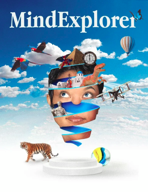 A cover for MindExplorer tabletop game: A ribbon showing elements of a woman's face encircling various objects from art and history. 

The ribbon floats above a white pedestal in front of a blue sky with white clouds and white ground. A biplane, hot air balloon, animals and marbles encircle the ribbon. 

Above it all, a white "MindExplorer" title with a blue butterfly resting on the last letter.