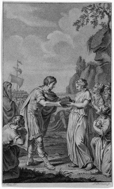 Arrival of the statue of Cybele, Ludwig Gottlieb Portman, after Jacobus Buys, 1796.

Cornelius Scipio Nasica is chosen to meet the goddess in the harbour of Ostia, and ordered to bring her to Rome with the greatest pomp.

Rijksmuseum, CC0, via Wikimedia Commons.