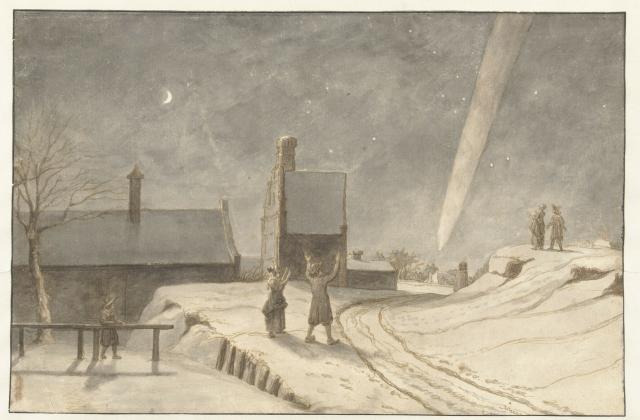 Comet seen from Geesterpoort in Alkmaar, Netherlands. January 1681. Drawing by Lambert Doomer.

Public Domain via the Rijks Museum item RP-T-00-341. Gift of the Rijksmuseum Foundation.