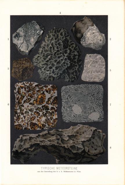 "Types of Meteorites" from "Das Weltgebäude" by Max Wilhelm Meyer (1898).
