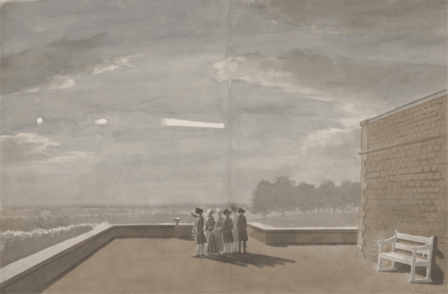"Paul Sandby RA, 1731–1809, British, The Meteor of August 18, 1783, as seen from the East Angle of the North Terrace, Windsor Castle, 1783, Watercolor on medium, moderately textured, cream laid apper, Yale Center for British Art, Paul Mellon Collection, B1993.30.115."