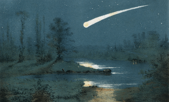 "A Bolide and its Trail" (1866) from "Le ciel : notions d'astronomie, à l'usage des gens du monde et de la jeunesse," by Amédée Guillemin.

National Library of Poland, Public domain, via Wikimedia Commons.