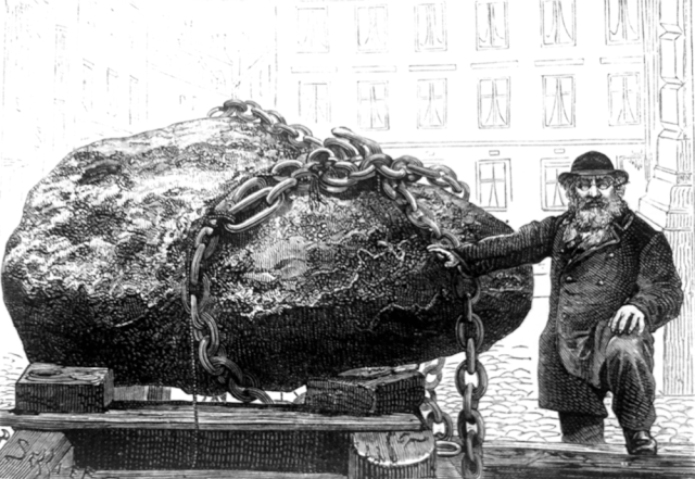 Nils Gustaf Nordenskiöld, in 1870, and the meteoritic block of iron found by Ovifak from "Le ciel" 5th ed. (1877) by Amédée Guillemin.

non identifié, Public domain, via Wikimedia Commons.