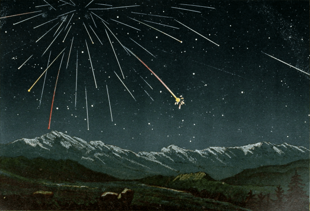 Shower of Andromedids or Bielids on November 27, 1872, seen over France; from Le ciel 5th ed 1877 by Amédée Guillemin.

Amédée Guillemin, Public domain, via Archive