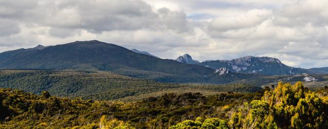 A panoramic photo of the southern end of the Tin Range, including Mt. Allen and Lee's Knob, as seen from Pearl Island, Port Pegasus / Pikihatiti, at the Southern end of Stewart Island / Rakiura, New Zealand.