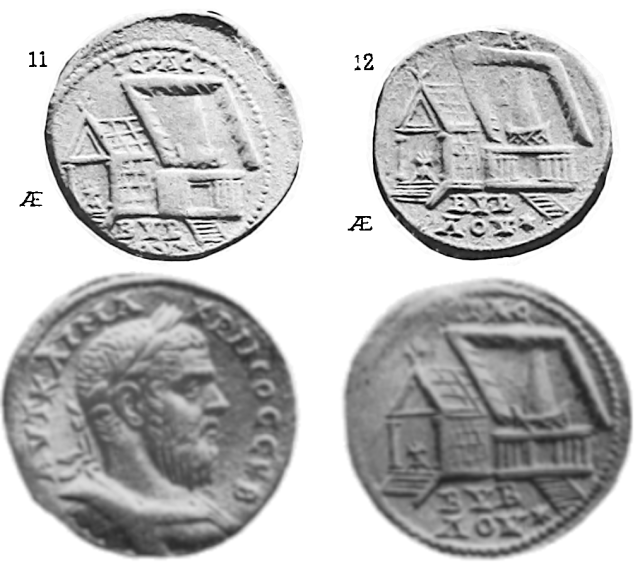 Conical Image of the Goddess (Meteorite?) shown at the Temple of Baalat Gebal (Lady of Byblos).

Botton coin: Emperor Macrinus and reverse showing the Temple of Baalat Gebal including the temple court and cultic object inside a sacred horned enclosure from Catalogue of the Greek coins in the British Museum by George Hill (1910), via Wikimedia Commons

Plate 27: coins 10 and 11 from Les perses achéménides, ... empire Cypre et Phénicie by Ernest Babelon (1893).