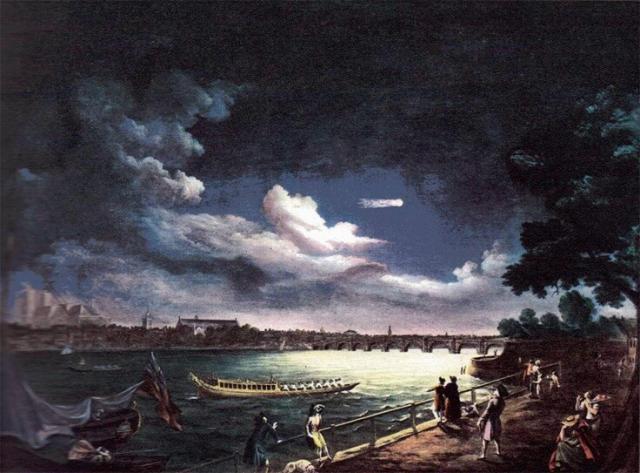 "Comet Halley of 1759" by Samuel Scott.

Based on the Meteor of 1783 article at Wikipedia, it seems Scott did not paint Comet Halley but rather a Meteor Procession or an Earth-Grazing Fireball.
