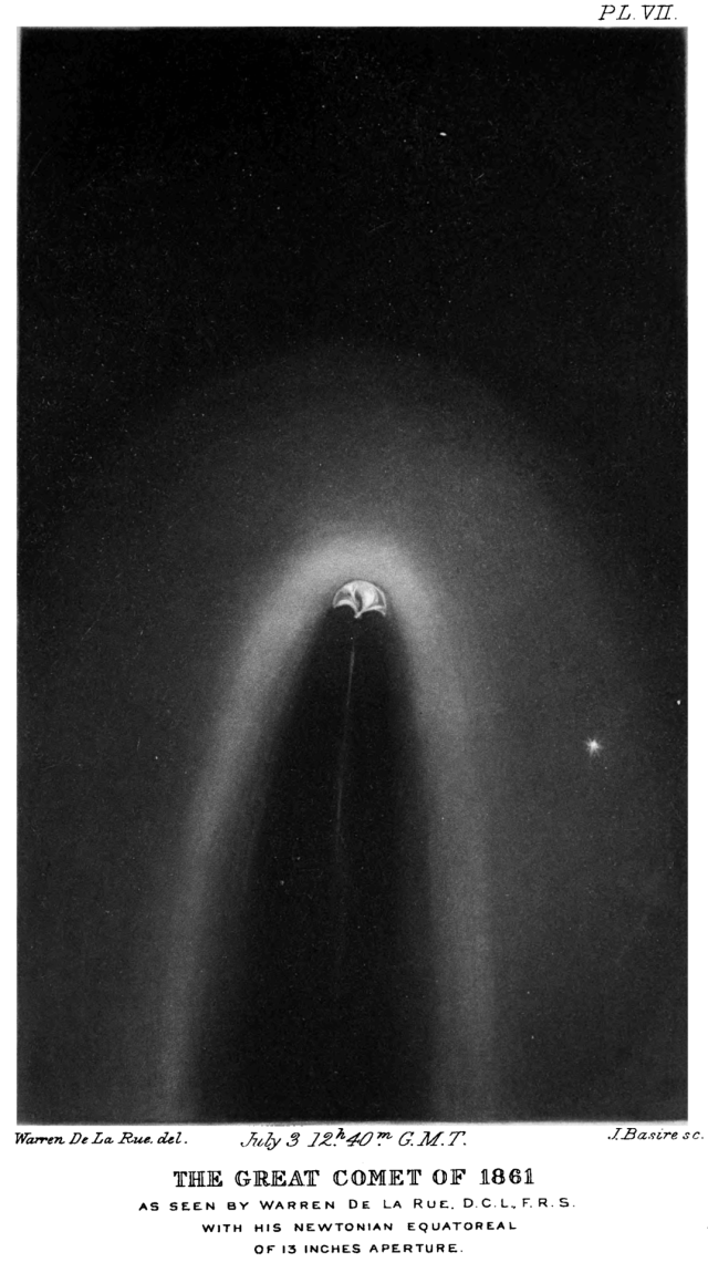 "The Great Comet of 1861 as seen by Warren de la Rue (DCL, FRS) with his Newtonian Equatoreal of 13 inches Aperature."

From "The World of Comets" by Amédée Guillemin (1877).