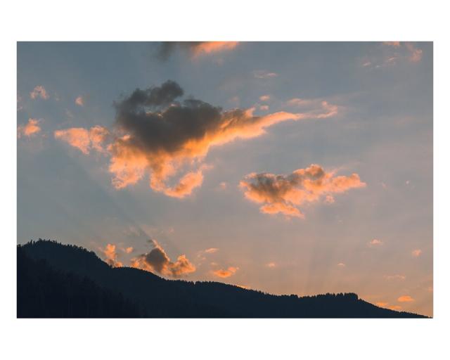 EN: The picture shows a sky coloured pink by the setting sun with fluffy clouds. The tops of coniferous trees are depicted at the bottom of the picture.

DE: Das Bild zeigt von der untergehenden Sonne pink eingefärbten Himmel mit fluffigen Wolken. Am unteren Bildrand sind Wipfel von Nadelbäumen abgebildet.