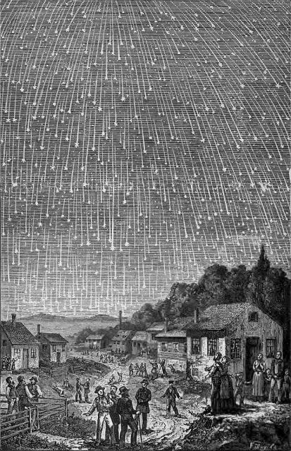 1833 Leonids by Adolf Vollmy (1888).

"The most famous depiction of the 1833 Leonids, actually produced in 1888 for the Adventist book Bible Readings for the Home Circle. The engraving is by Adolf Vollmy based upon an original painting by the Swiss artist Karl Jauslin, that is in turn based on a first-person account of the 1833 storm by a minister, Joseph Harvey Waggoner on his way from Florida to New Orleans."

Adolf Vollmy, Public domain, via Wikimedia Commons.