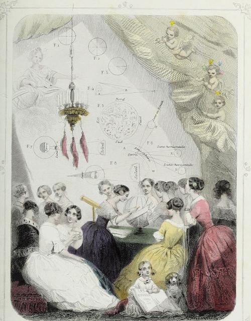 One of the many beautiful illustrations from « Les étoiles : dernière féerie » by J.-J. Grandville; text by Méry; Astronomie des dames by Cte. Foelix.

This one shows "Les étoiles" studying Astronomy and includes a depiction of Urania.