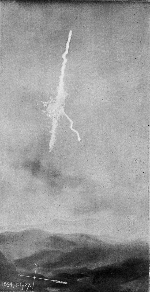 Plate 1: The Meteor of July 27, 1894; drawn by Chauncey M. St. John from "Meteors and Sunsets observed by the Astronomers of the Lick Observatory in 1893, 1894 and 1895," by A.J. Johnston (1895).

Public Domain via Rijks Museum. Cropping and color edits.